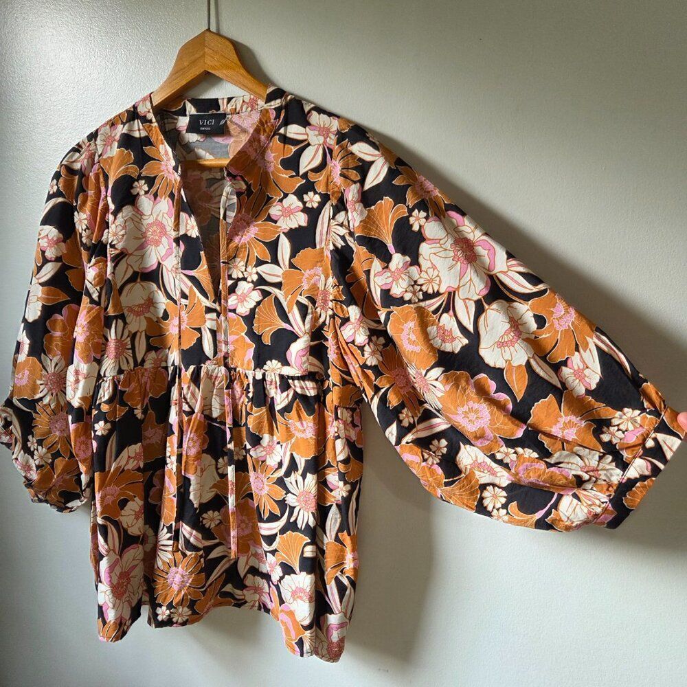 Vici Floral Puff Sleeve Blouse in Black, Orange, Pink, Cream